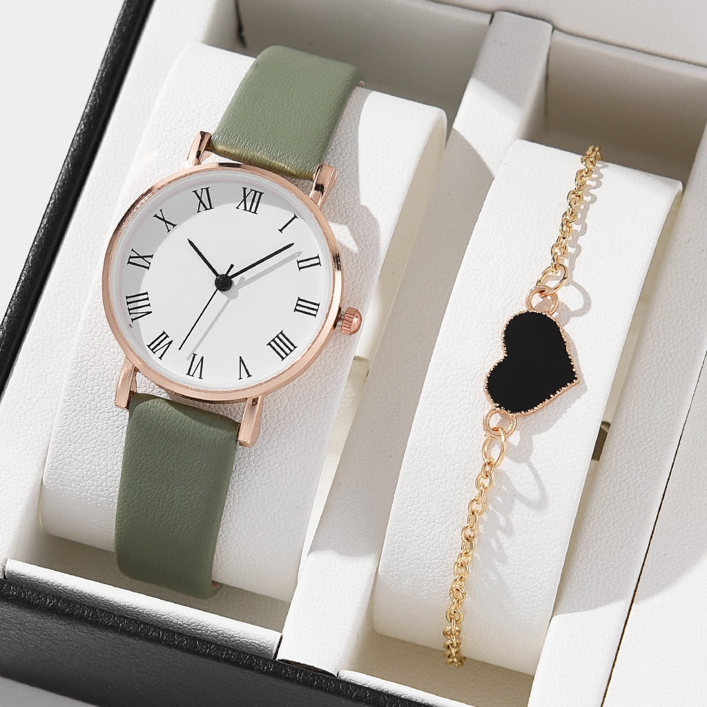 5/2PCS Watch Set For Women Luxury Leather Analog Ladies Quartz Wristwatch Fashion Bracelet Watch 2025 Relogio Feminino New Top