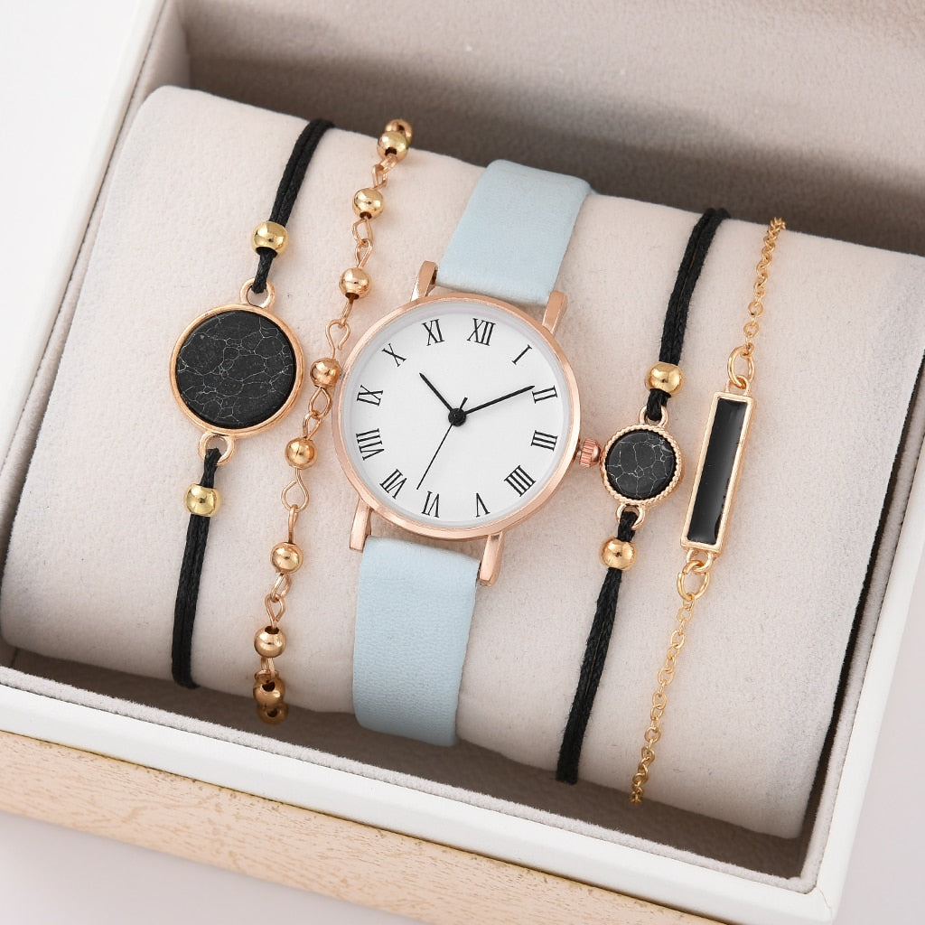 5/2PCS Watch Set For Women Luxury Leather Analog Ladies Quartz Wristwatch Fashion Bracelet Watch 2025 Relogio Feminino New Top