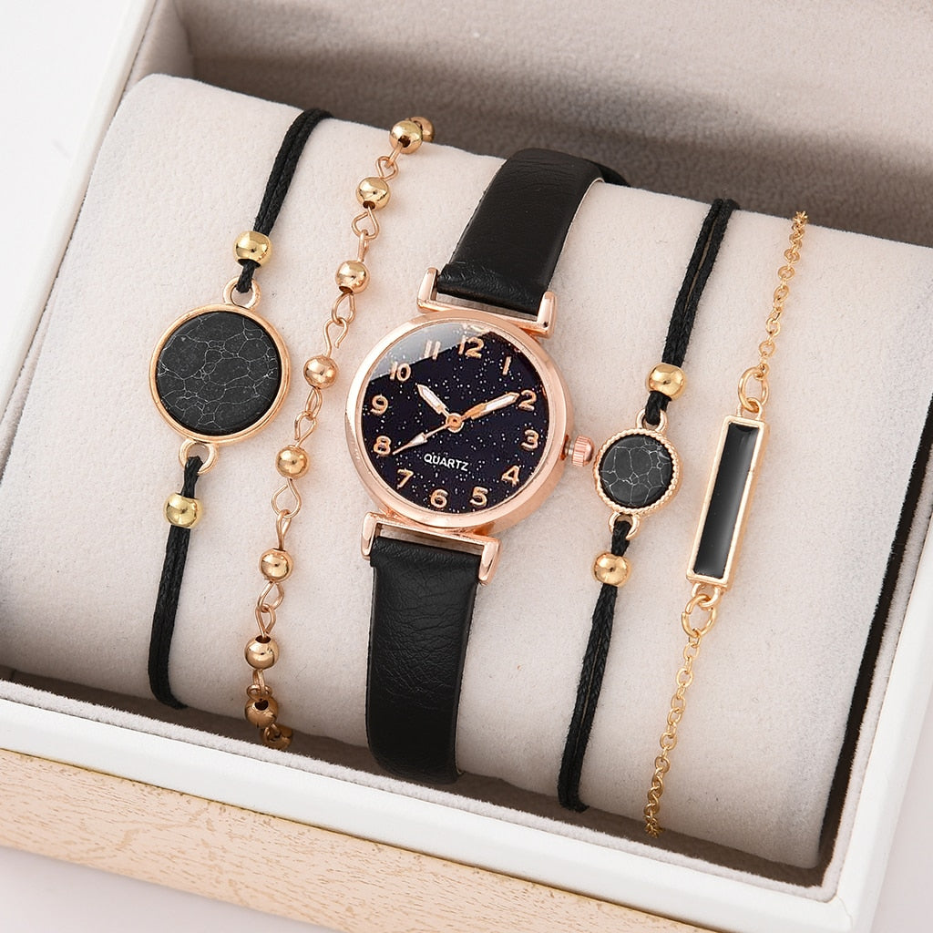 5/2PCS Watch Set For Women Luxury Leather Analog Ladies Quartz Wristwatch Fashion Bracelet Watch 2025 Relogio Feminino New Top
