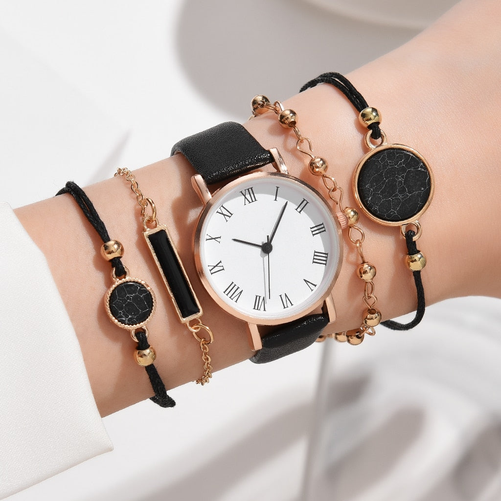 5/2PCS Watch Set For Women Luxury Leather Analog Ladies Quartz Wristwatch Fashion Bracelet Watch 2025 Relogio Feminino New Top