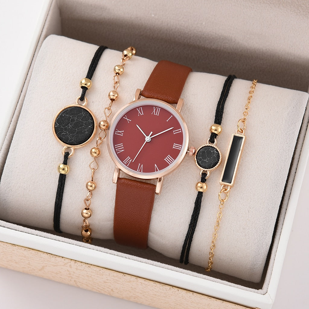 5/2PCS Watch Set For Women Luxury Leather Analog Ladies Quartz Wristwatch Fashion Bracelet Watch 2025 Relogio Feminino New Top