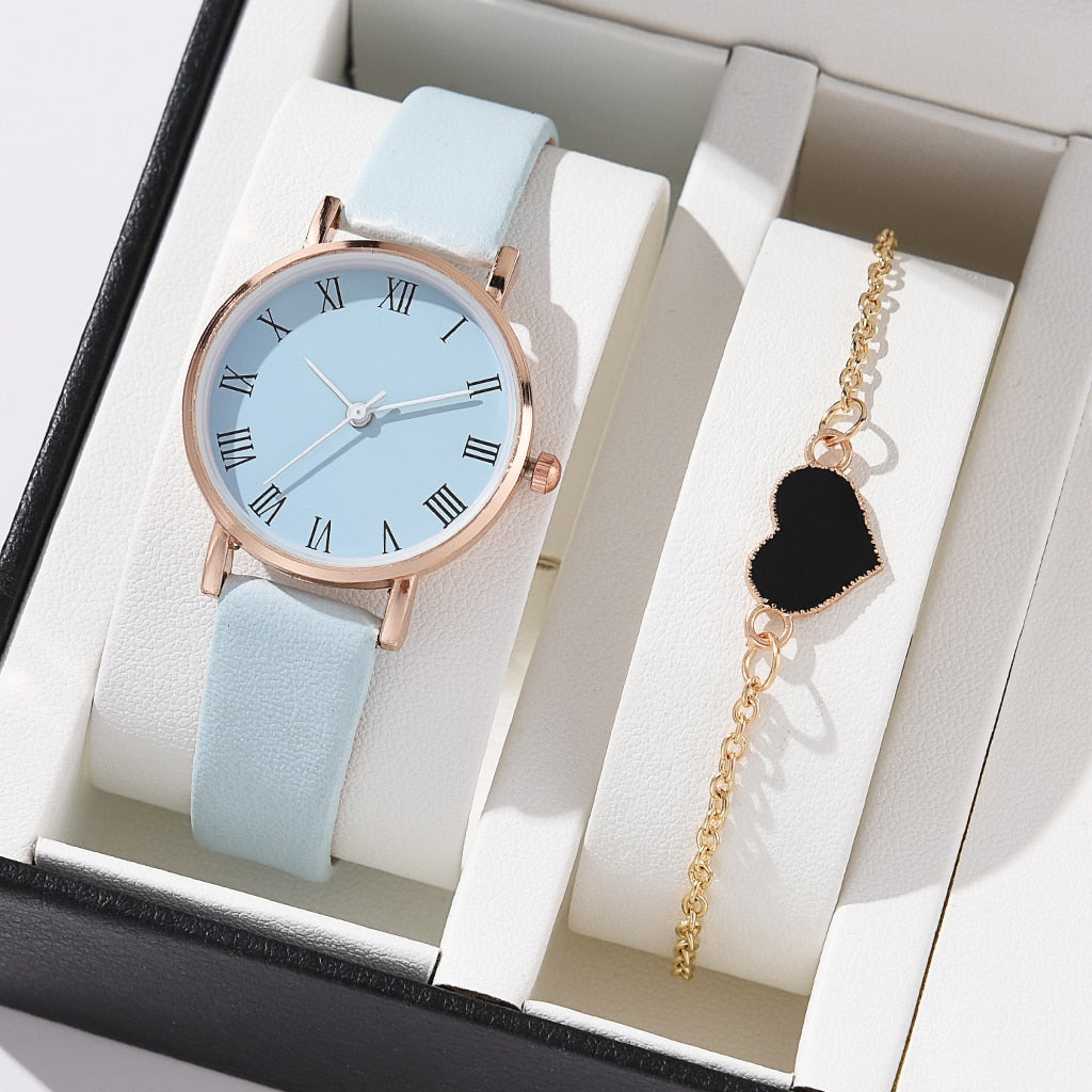 5/2PCS Watch Set For Women Luxury Leather Analog Ladies Quartz Wristwatch Fashion Bracelet Watch 2025 Relogio Feminino New Top