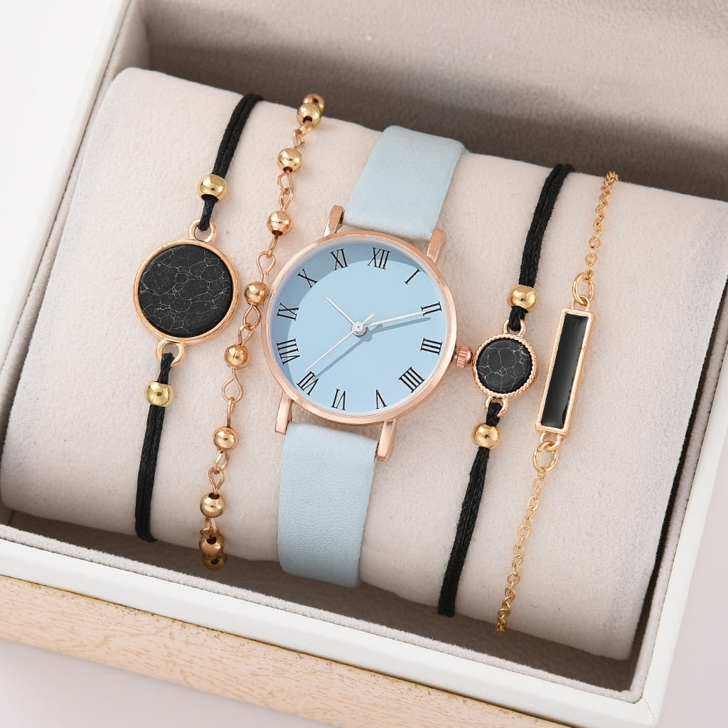 5/2PCS Watch Set For Women Luxury Leather Analog Ladies Quartz Wristwatch Fashion Bracelet Watch 2025 Relogio Feminino New Top