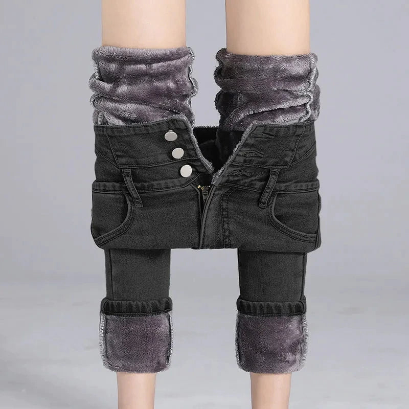 Streetwear High Waist Plush Lined Jeans Winter Thicken Slim Denim Pants Women's Skinny Pencil Vaqueros Vintage Leggings Trousers