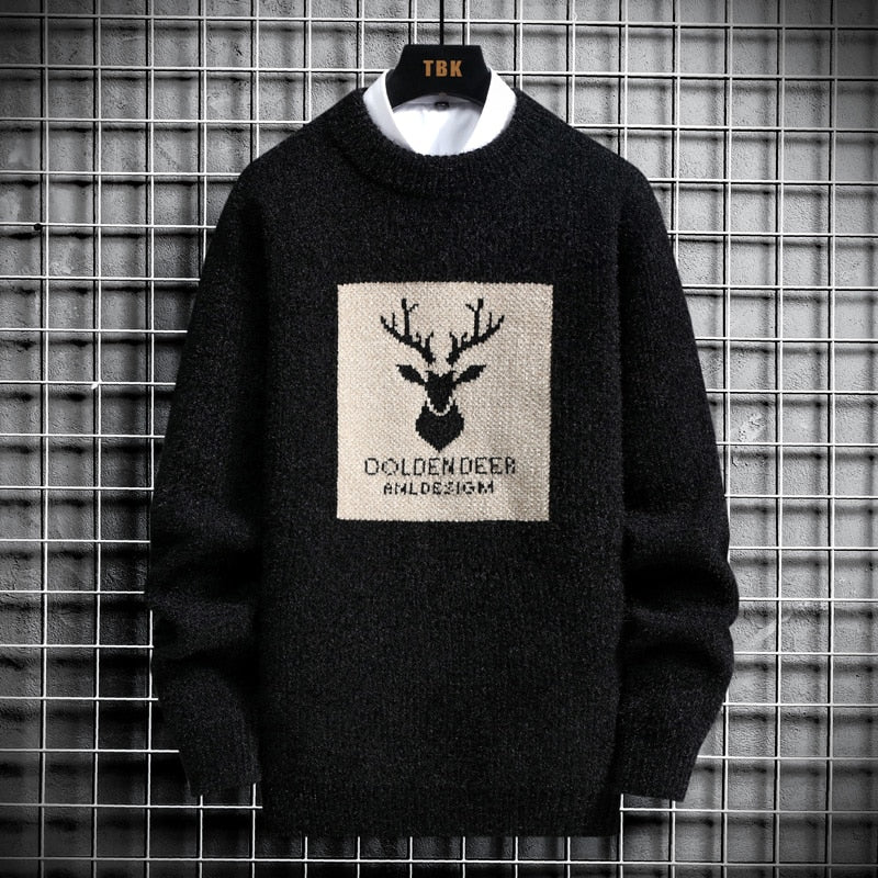 2025 Vintage Sweaters Oversized Mens Knitted Sweater Men Deer Print Pullover Hip Hop Harajuku White Padded Velvet Sweater