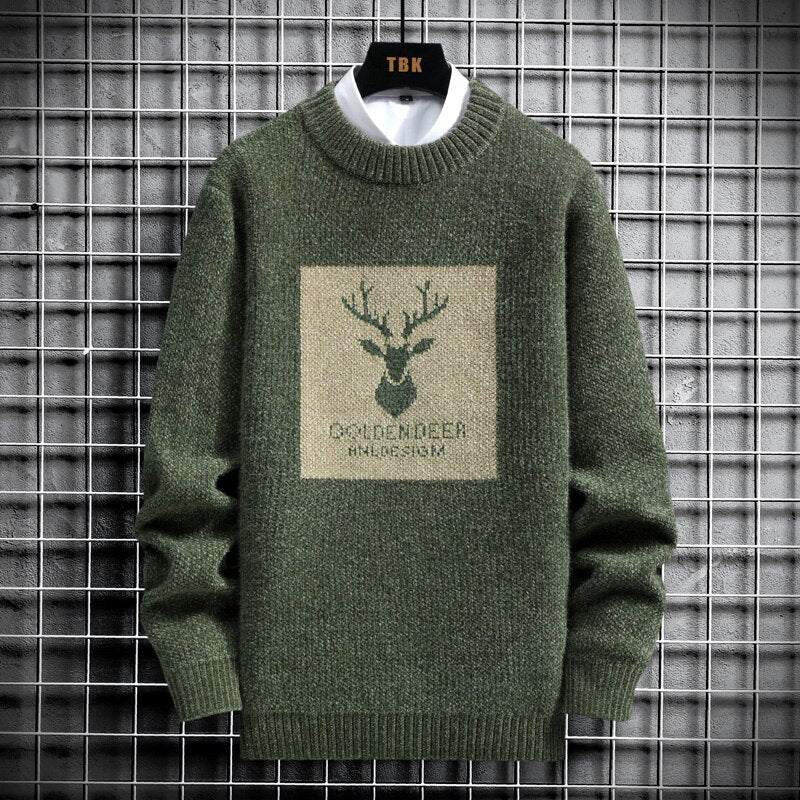 2025 Vintage Sweaters Oversized Mens Knitted Sweater Men Deer Print Pullover Hip Hop Harajuku White Padded Velvet Sweater