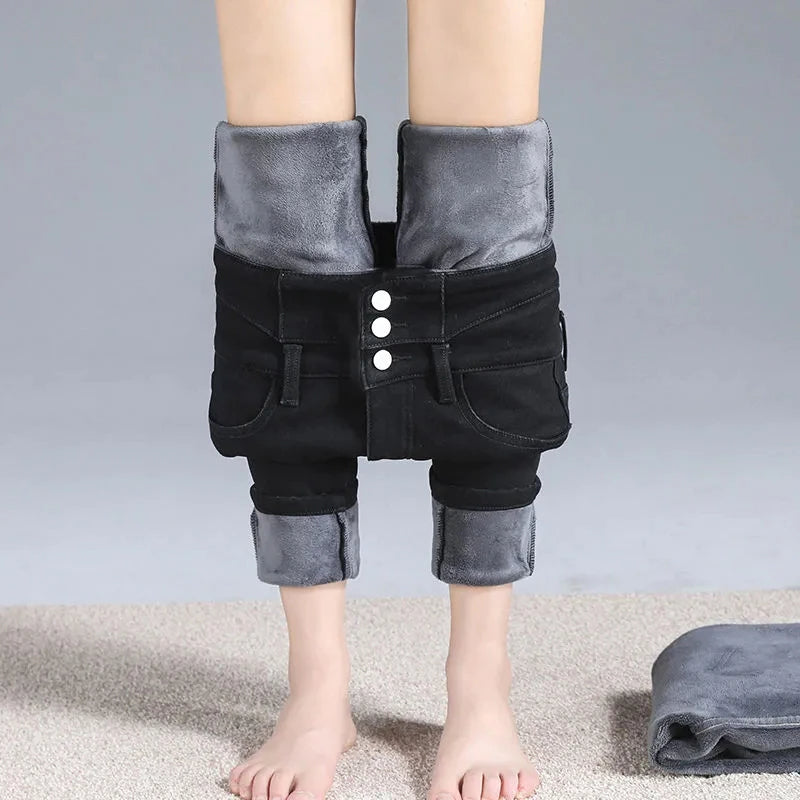 Streetwear High Waist Plush Lined Jeans Winter Thicken Slim Denim Pants Women's Skinny Pencil Vaqueros Vintage Leggings Trousers