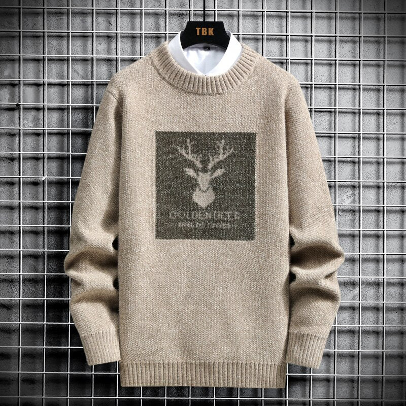 2025 Vintage Sweaters Oversized Mens Knitted Sweater Men Deer Print Pullover Hip Hop Harajuku White Padded Velvet Sweater