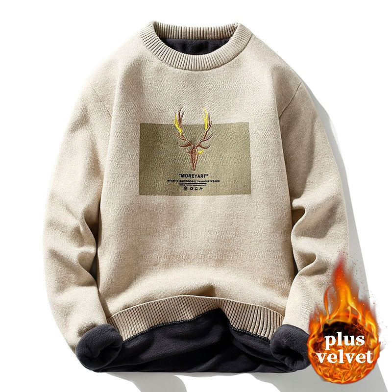 2025 Vintage Sweaters Oversized Mens Knitted Sweater Men Deer Print Pullover Hip Hop Harajuku White Padded Velvet Sweater