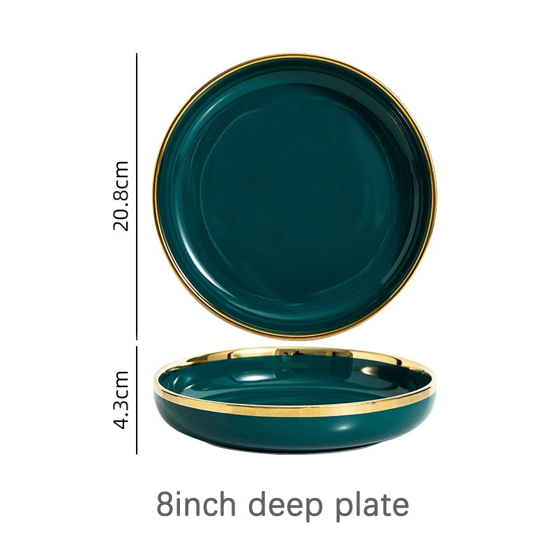 Ceramic Dinner Plates Dinnerware Set Dishes Luxury Green Food Dessert Plate Salad Soup Bowl Tableware Set for Restaurant Hotel