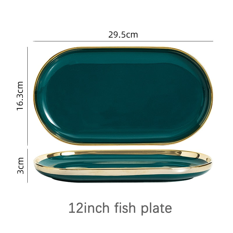Ceramic Dinner Plates Dinnerware Set Dishes Luxury Green Food Dessert Plate Salad Soup Bowl Tableware Set for Restaurant Hotel