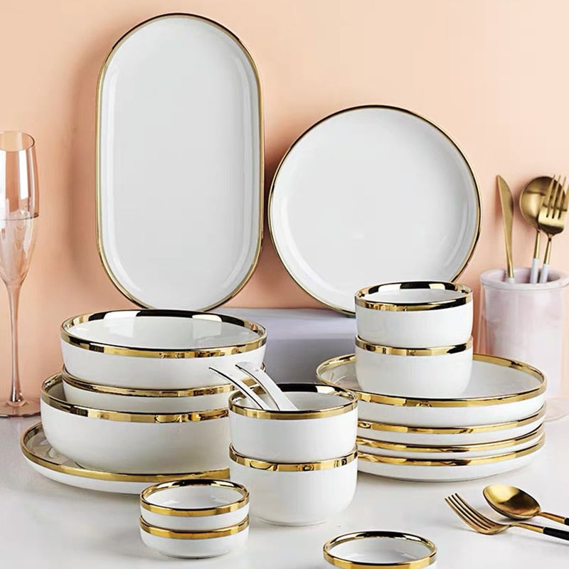 White Porcelain Plates Food Dinner Set Dishes Salad Soup Bowl Ceramic Plates and Bowls Set Tableware Set Service for 4/6/8