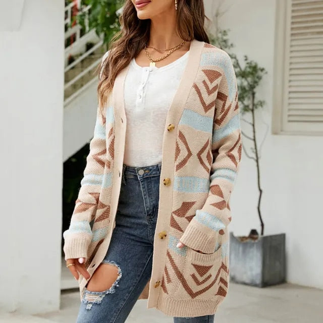 Women Fashion Autumn And Winter Temperament Lozenge Loose Sweater In Long Knit Cardigan Coat Casacos De Inverno Feminino