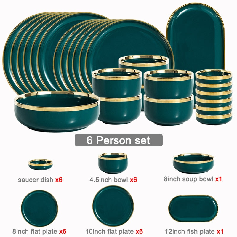 Ceramic Dinner Plates Dinnerware Set Dishes Luxury Green Food Dessert Plate Salad Soup Bowl Tableware Set for Restaurant Hotel