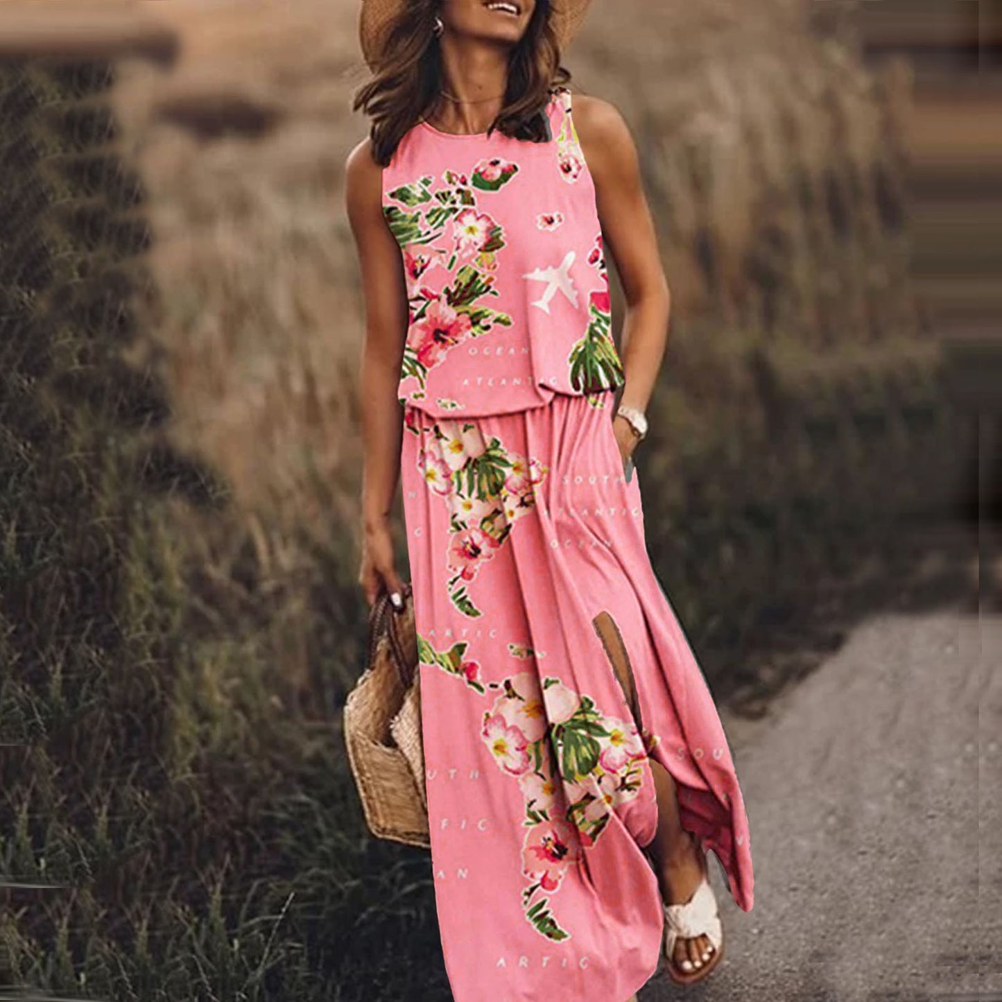 Summer Dresses For Women Holiday Beach O Neck Sleeveless Split Long Dress Boho Beach Sundress With Pockets Vestido Feminino