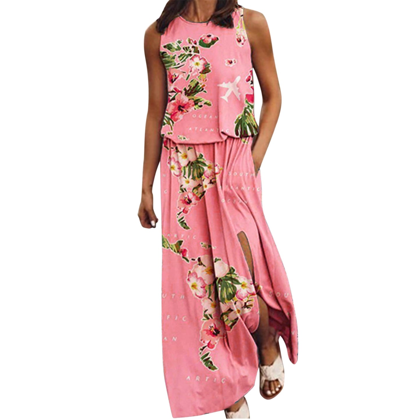 Summer Dresses For Women Holiday Beach O Neck Sleeveless Split Long Dress Boho Beach Sundress With Pockets Vestido Feminino