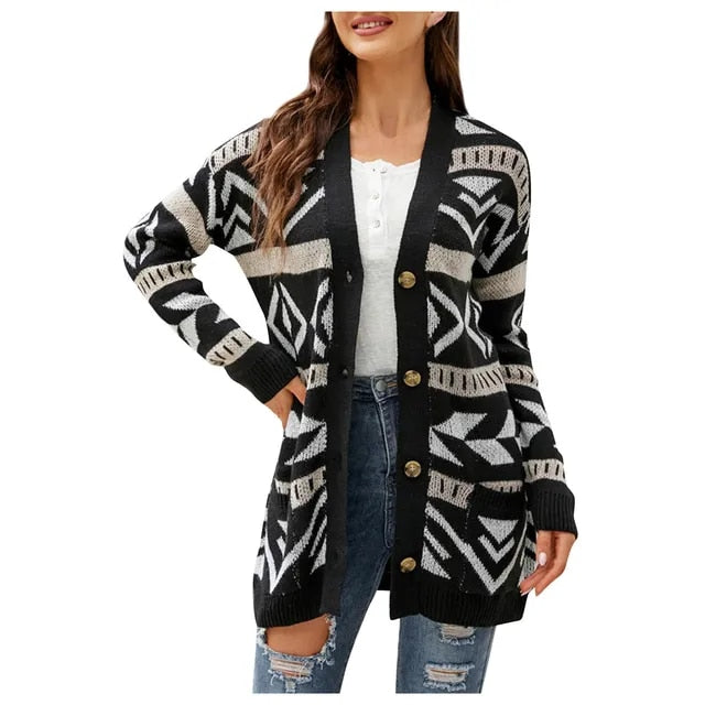 Women Fashion Autumn And Winter Temperament Lozenge Loose Sweater In Long Knit Cardigan Coat Casacos De Inverno Feminino