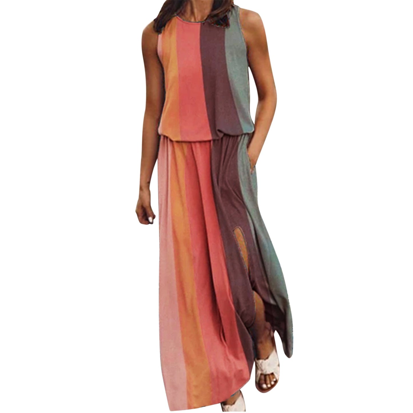Summer Dresses For Women Holiday Beach O Neck Sleeveless Split Long Dress Boho Beach Sundress With Pockets Vestido Feminino