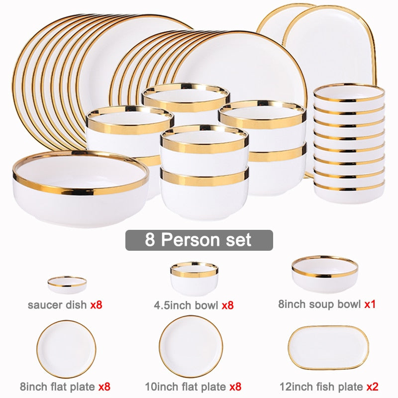 White Porcelain Plates Food Dinner Set Dishes Salad Soup Bowl Ceramic Plates and Bowls Set Tableware Set Service for 4/6/8
