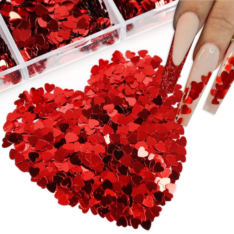Valentines Day Mixed Love Heart Nail Glitter Red Flake Sequin Powder Decorative Accessories For Professional Nail Art Supplies