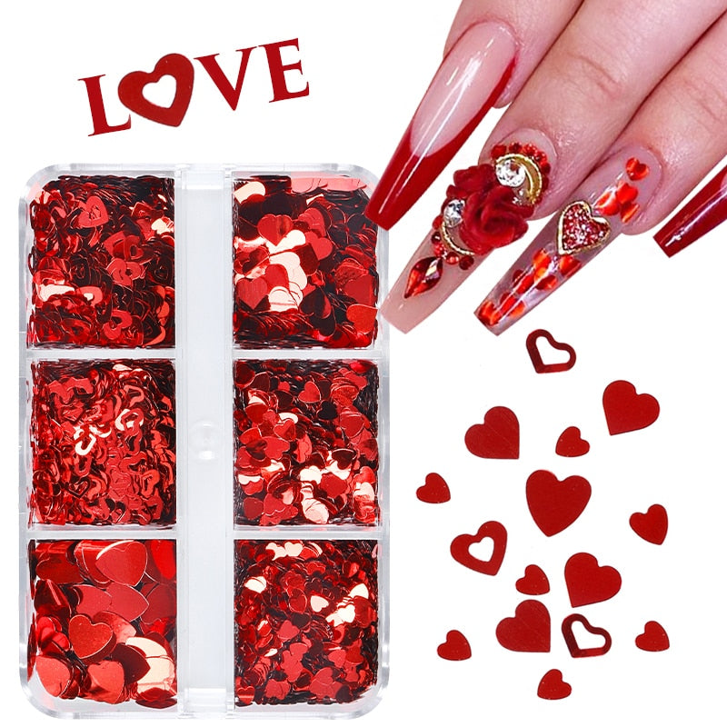 Valentines Day Mixed Love Heart Nail Glitter Red Flake Sequin Powder Decorative Accessories For Professional Nail Art Supplies