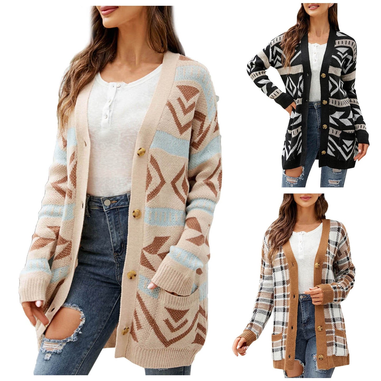 Women Fashion Autumn And Winter Temperament Lozenge Loose Sweater In Long Knit Cardigan Coat Casacos De Inverno Feminino