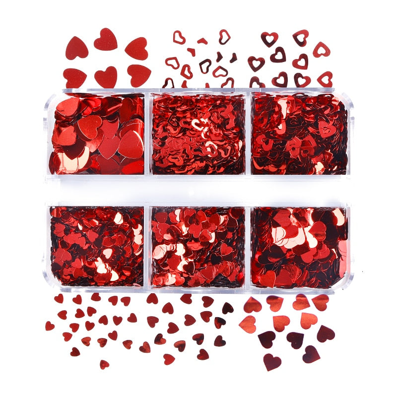 Valentines Day Mixed Love Heart Nail Glitter Red Flake Sequin Powder Decorative Accessories For Professional Nail Art Supplies