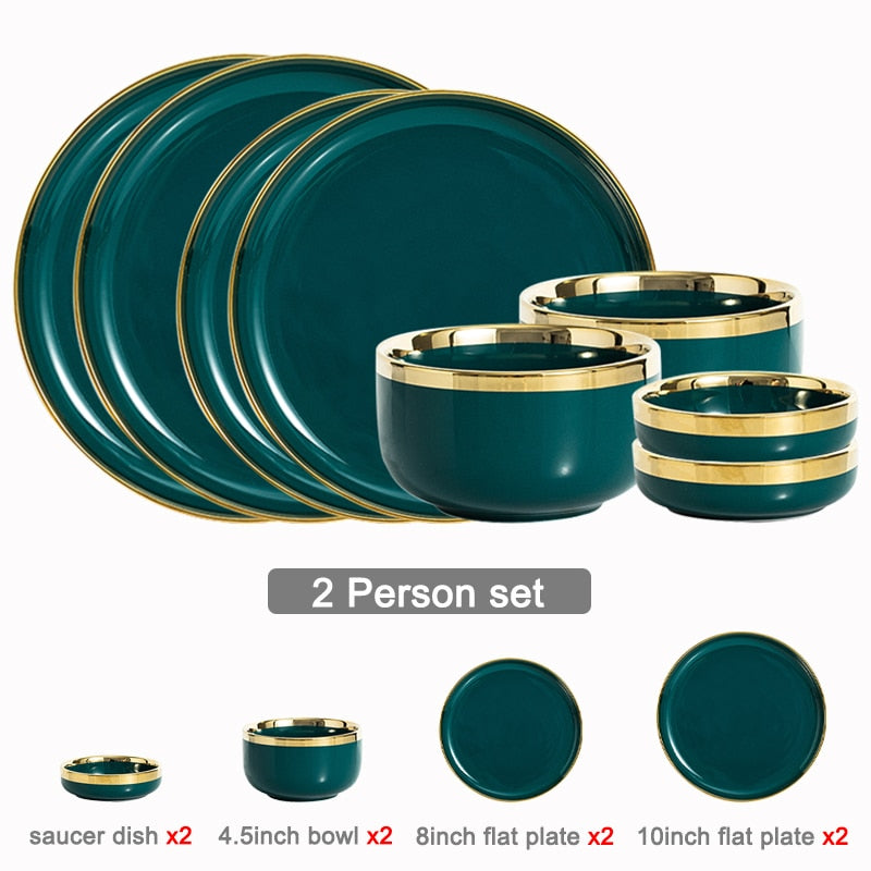 Ceramic Dinner Plates Dinnerware Set Dishes Luxury Green Food Dessert Plate Salad Soup Bowl Tableware Set for Restaurant Hotel