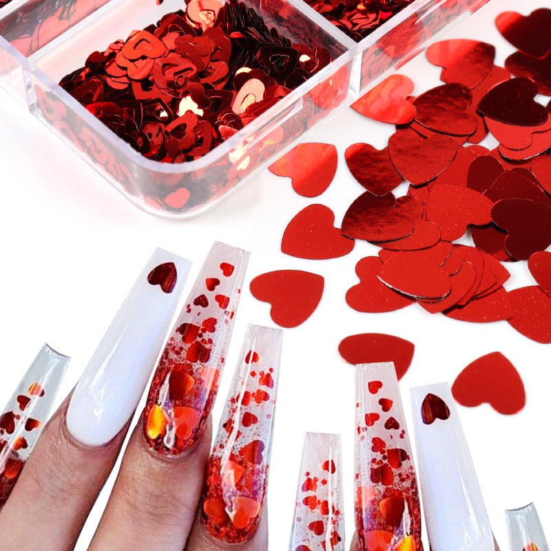 Valentines Day Mixed Love Heart Nail Glitter Red Flake Sequin Powder Decorative Accessories For Professional Nail Art Supplies