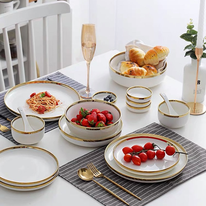 White Porcelain Plates Food Dinner Set Dishes Salad Soup Bowl Ceramic Plates and Bowls Set Tableware Set Service for 4/6/8