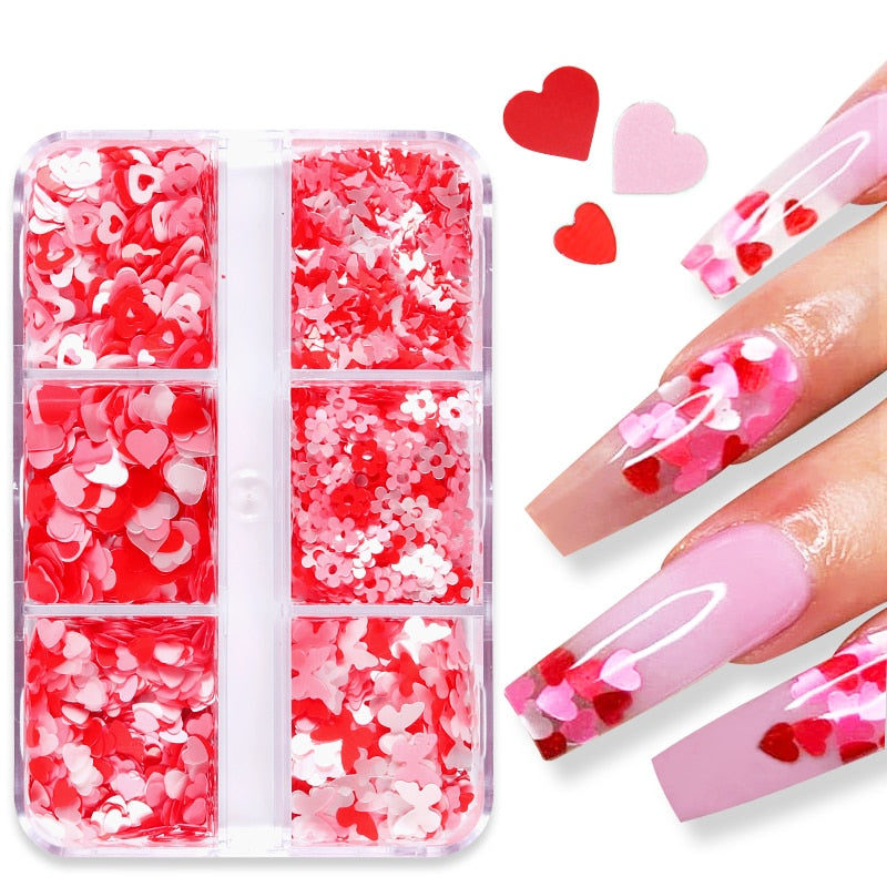Valentines Day Mixed Love Heart Nail Glitter Red Flake Sequin Powder Decorative Accessories For Professional Nail Art Supplies