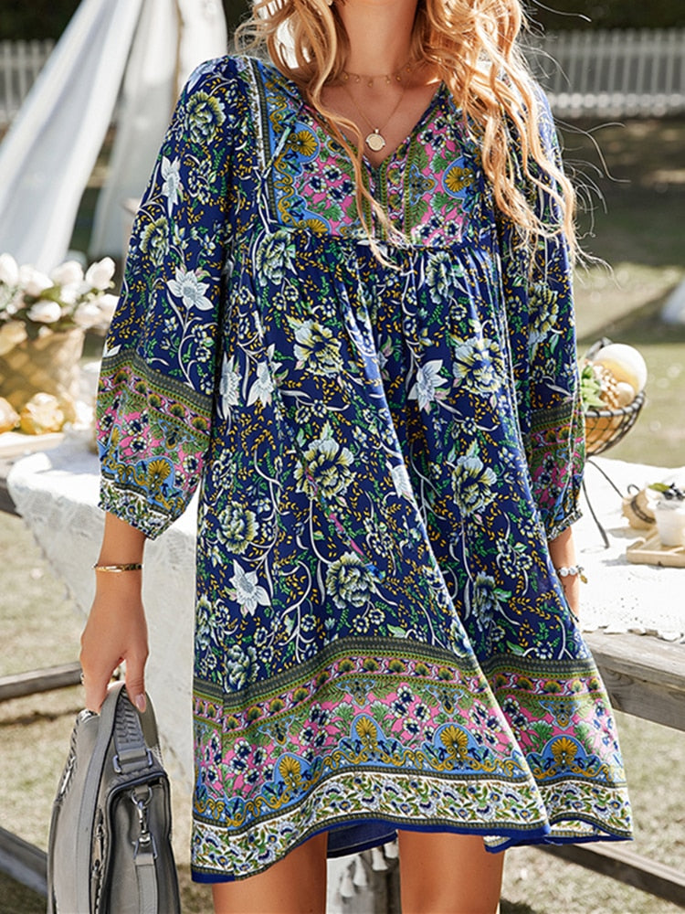 Fashion Beach Boho Vintage Floral Print A-Line Dress Summer Fall Casual Women Long Sleeve Tie Up V Neck Loose Mini Dress
