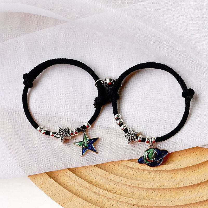 2Pcs Fashion Star Moon Magnetic Pendant Couple Bracelets for Women Handmade Rope Chain Bracelet Friendship Minimalist Jewelry