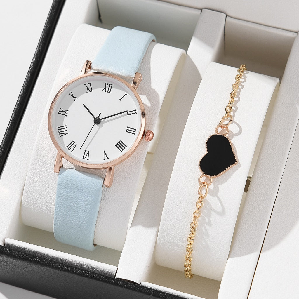 5/2PCS Watch Set For Women Luxury Leather Analog Ladies Quartz Wristwatch Fashion Bracelet Watch 2025 Relogio Feminino New Top