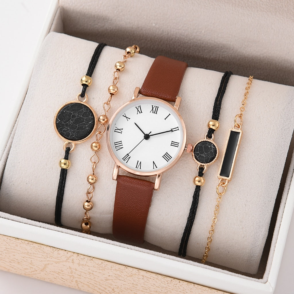 5/2PCS Watch Set For Women Luxury Leather Analog Ladies Quartz Wristwatch Fashion Bracelet Watch 2025 Relogio Feminino New Top