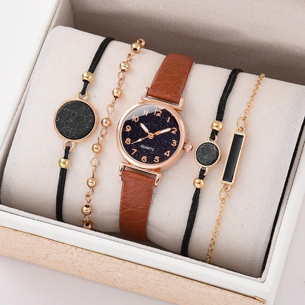 5/2PCS Watch Set For Women Luxury Leather Analog Ladies Quartz Wristwatch Fashion Bracelet Watch 2025 Relogio Feminino New Top