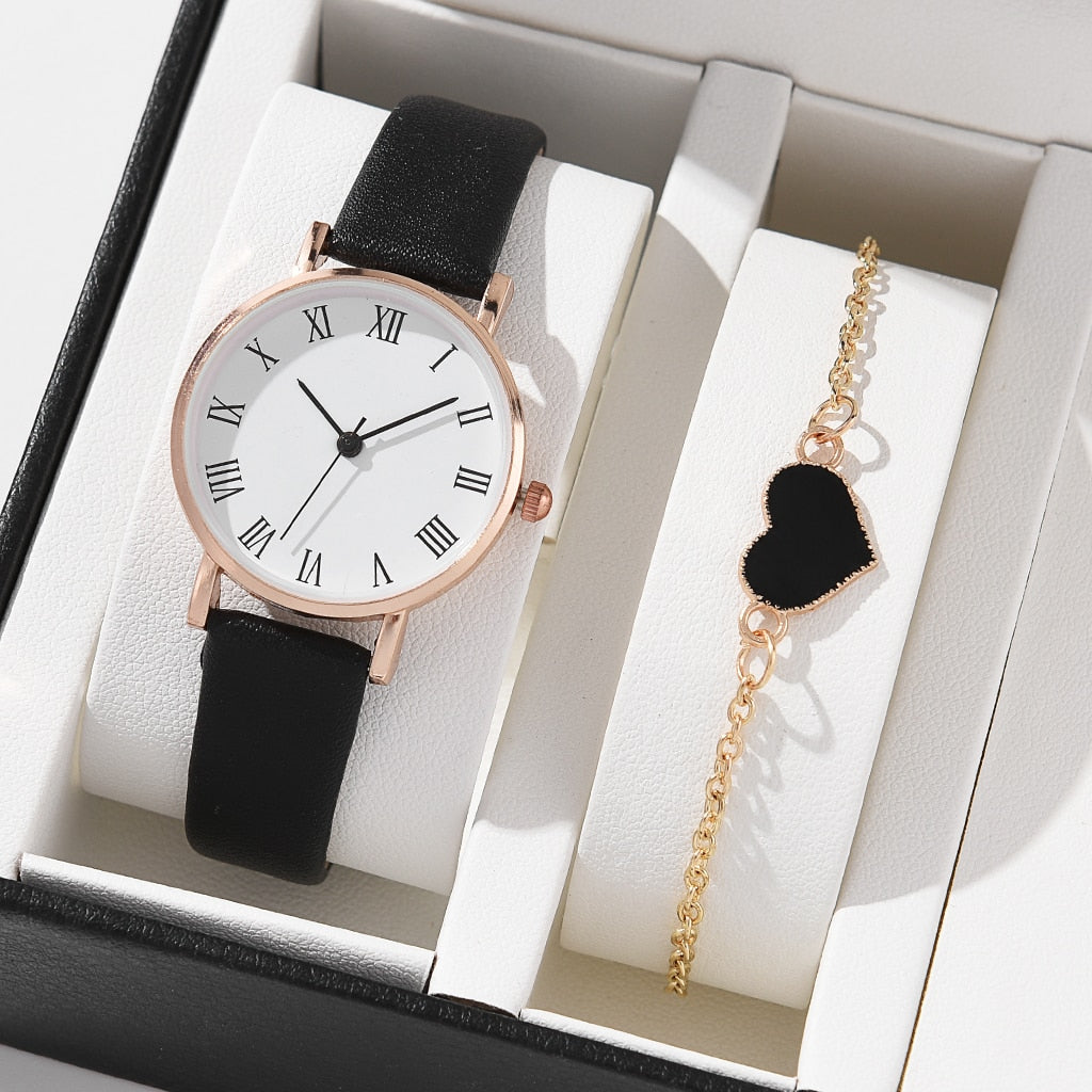 5/2PCS Watch Set For Women Luxury Leather Analog Ladies Quartz Wristwatch Fashion Bracelet Watch 2025 Relogio Feminino New Top