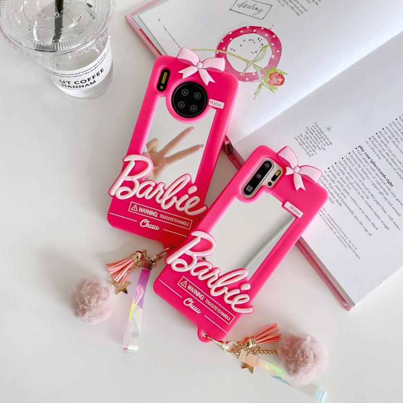 Barbie Phone Case for 11 12 13 14 Pro Max Mini Xsmax Xr Xs X 6 7 8 Plus Se Anime Doll Pendant Fashion Cover with Mirror
