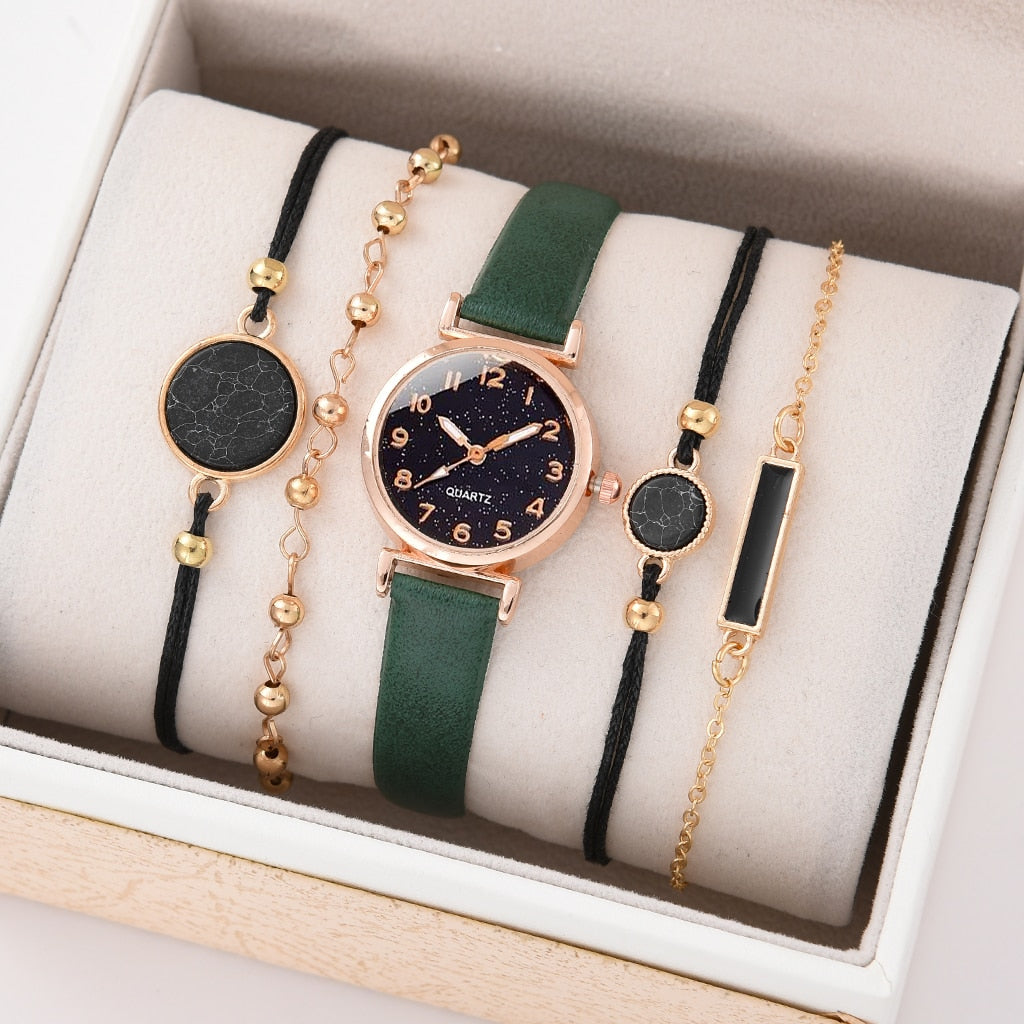 5/2PCS Watch Set For Women Luxury Leather Analog Ladies Quartz Wristwatch Fashion Bracelet Watch 2025 Relogio Feminino New Top