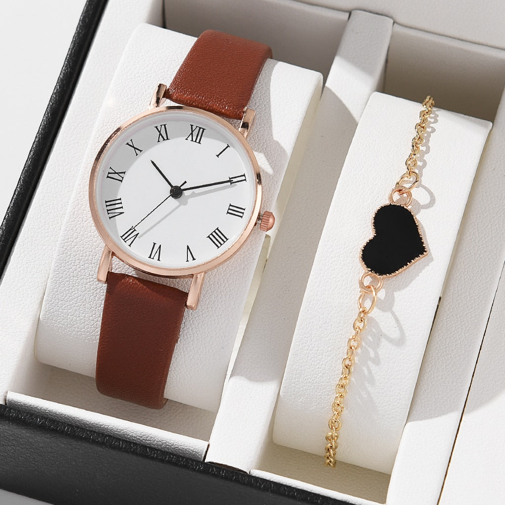 5/2PCS Watch Set For Women Luxury Leather Analog Ladies Quartz Wristwatch Fashion Bracelet Watch 2025 Relogio Feminino New Top