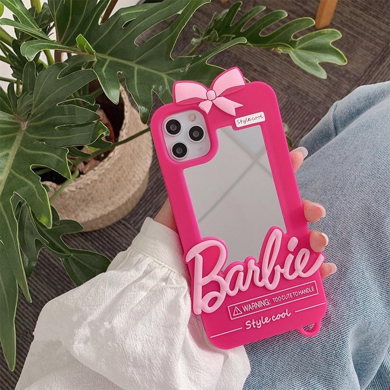 Barbie Phone Case for 11 12 13 14 Pro Max Mini Xsmax Xr Xs X 6 7 8 Plus Se Anime Doll Pendant Fashion Cover with Mirror
