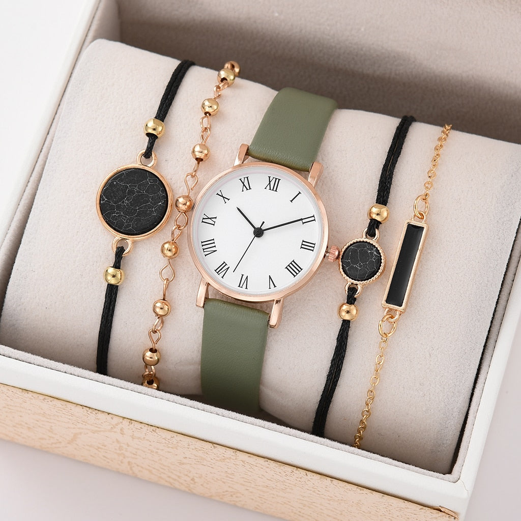 5/2PCS Watch Set For Women Luxury Leather Analog Ladies Quartz Wristwatch Fashion Bracelet Watch 2025 Relogio Feminino New Top