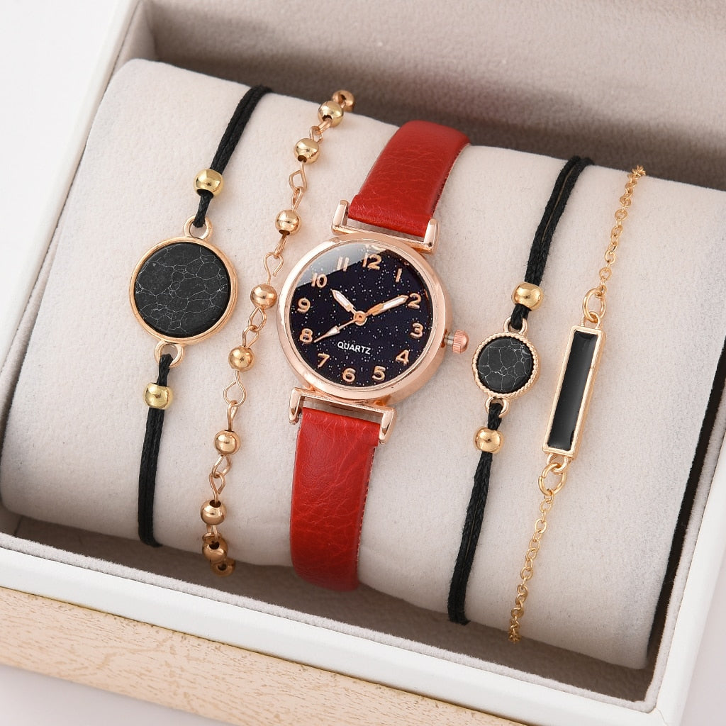 5/2PCS Watch Set For Women Luxury Leather Analog Ladies Quartz Wristwatch Fashion Bracelet Watch 2025 Relogio Feminino New Top