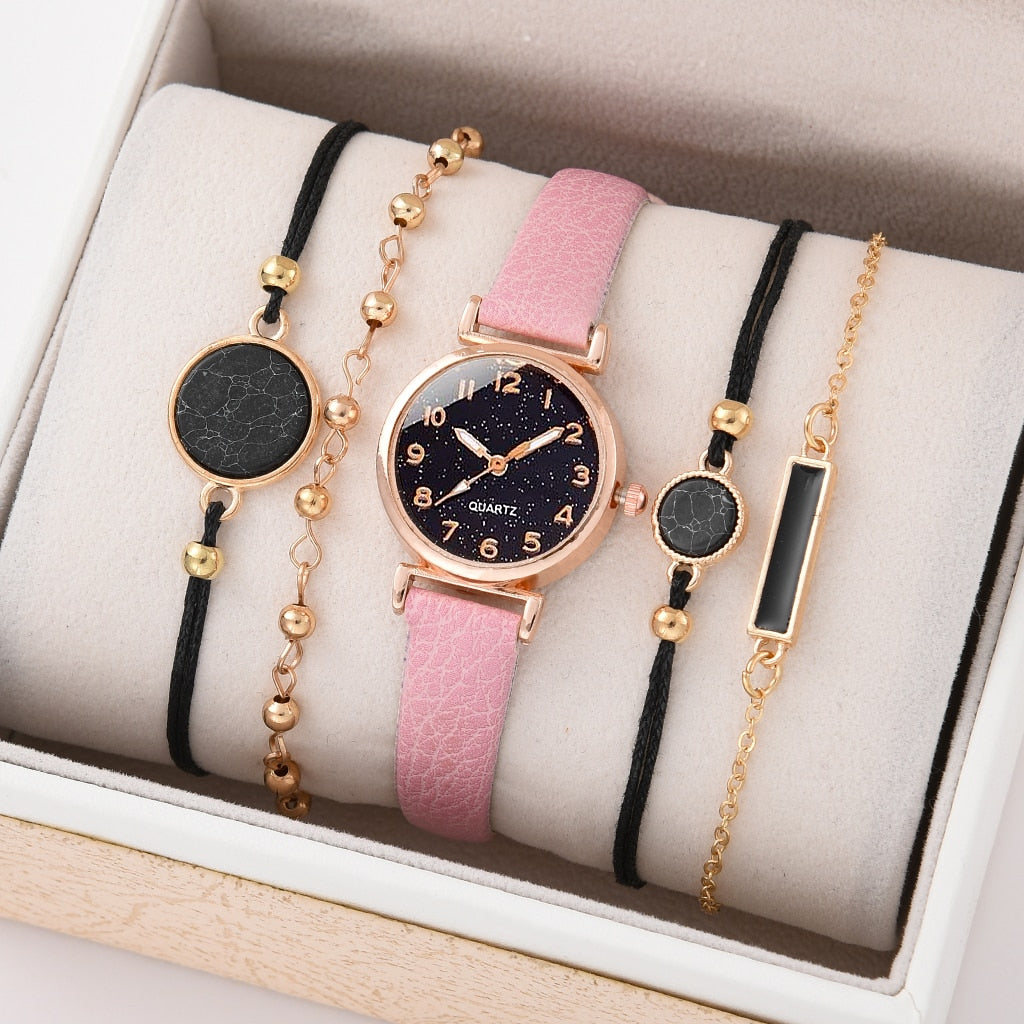 5/2PCS Watch Set For Women Luxury Leather Analog Ladies Quartz Wristwatch Fashion Bracelet Watch 2025 Relogio Feminino New Top