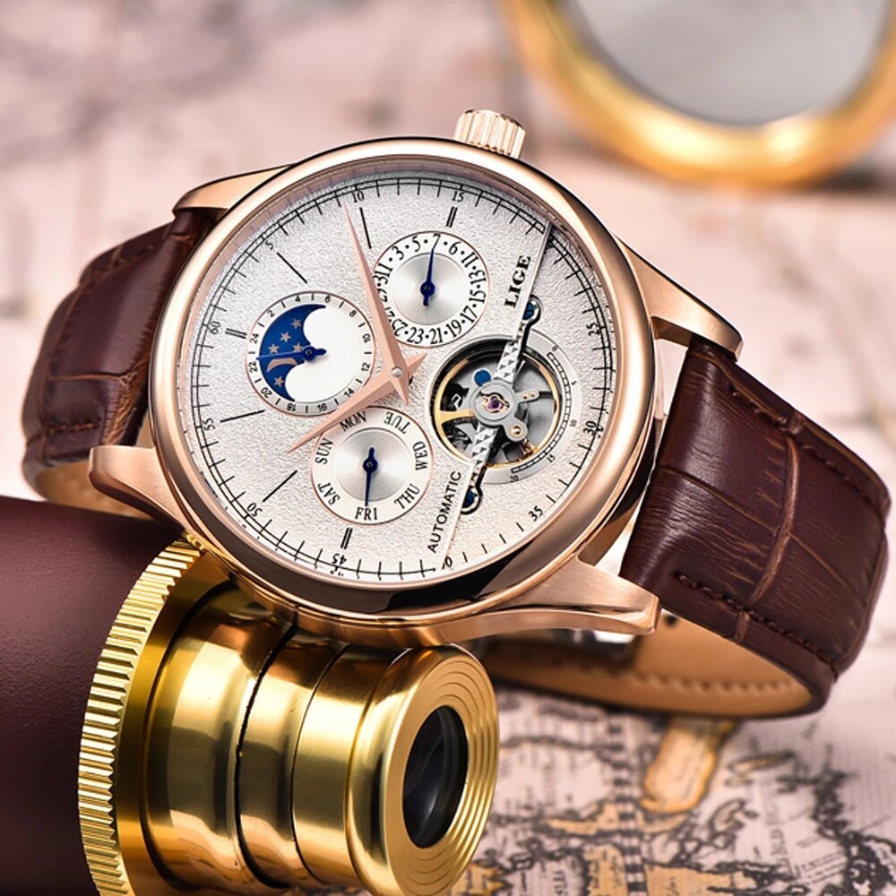Men Watches Automatic Mechanical Watch Tourbillon Clock Genuine Leather Waterproof Watch Men Military Wristwatch Man
