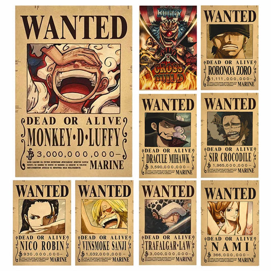Anime Luffy Gear 5 One Pieces Bounty Wanted Posters 4 Emperors Law Kid Figures Vintage Living Room Wall Decoration Stickers Toys