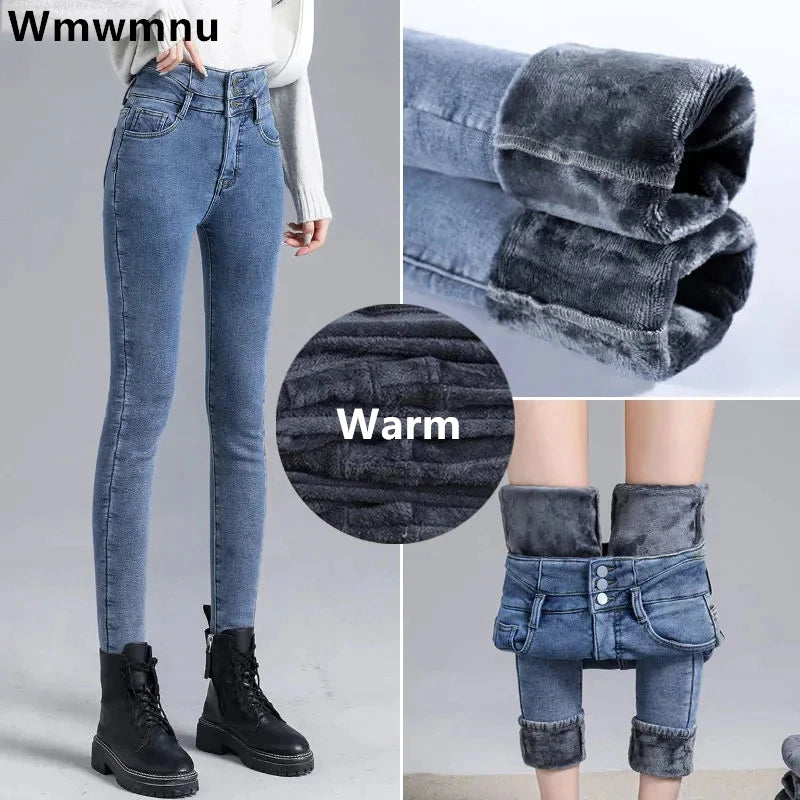 Streetwear High Waist Plush Lined Jeans Winter Thicken Slim Denim Pants Women's Skinny Pencil Vaqueros Vintage Leggings Trousers