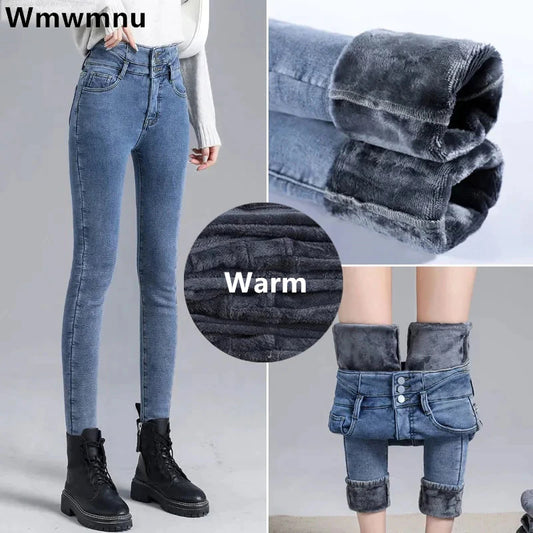 Streetwear High Waist Plush Lined Jeans Winter Thicken Slim Denim Pants Women's Skinny Pencil Vaqueros Vintage Leggings Trousers