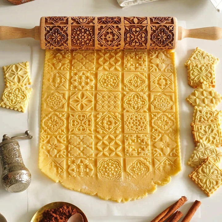 Printed Rolling Pin Rock Snowflake Elk Wooden Rolling Embossing Baking Cookies Biscuit Fondant Cake Patterned Roller 35*5cm