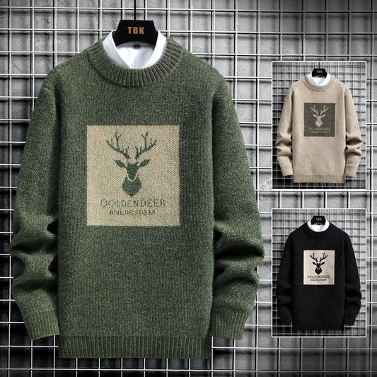 2025 Vintage Sweaters Oversized Mens Knitted Sweater Men Deer Print Pullover Hip Hop Harajuku White Padded Velvet Sweater